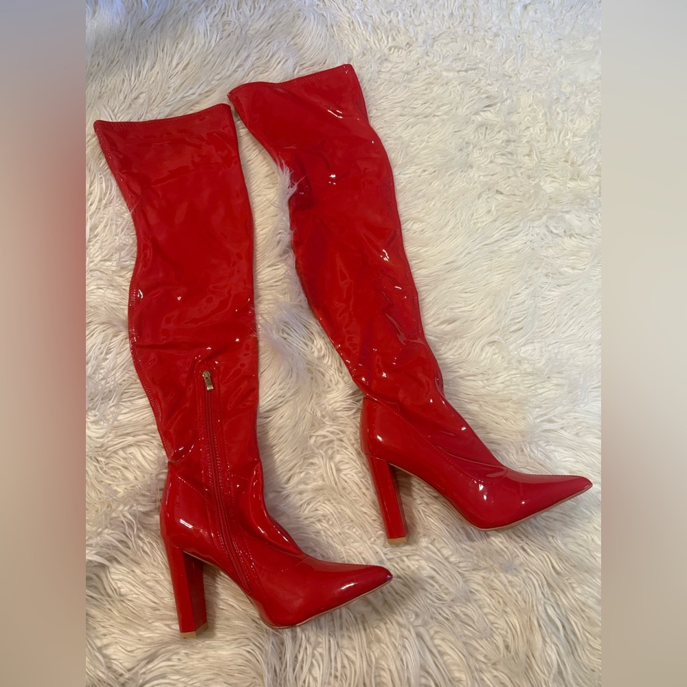 Womens thigh high red patent leather boots (D2)